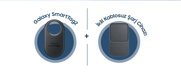 Galaxy SmartTag2 + İkili Kablosuz Şarj Cihazı görünmektedir.